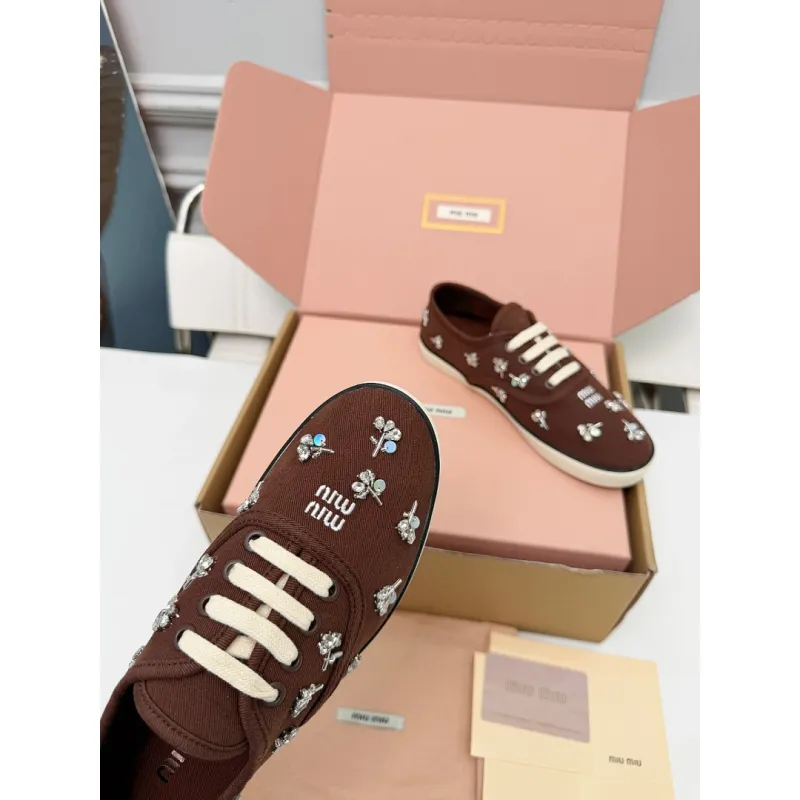 Miu Miu Womens Rhinestone Embroidered Canvas Sneakers #A66081