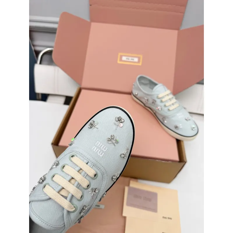Miu Miu Womens Rhinestone Embroidered Canvas Sneakers #A66083 Miu Miu Womens Rhinestone Embroidered Canvas Sneakers #A66083
