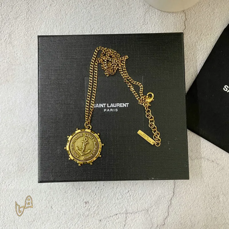 Saint Laurent Vintage Coin Pendant Necklace Anchor & Portrait Medallion Gold Silver Designer Jewelry #A65950 Saint Laurent Vintage Coin Pendant Necklace Anchor & Portrait Medallion Gold Silver Designer Jewelry #A65950