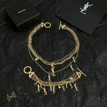 Saint Laurent Cassandre Multi Layer Logo Charm Gold Choker Necklace for Women #A65948