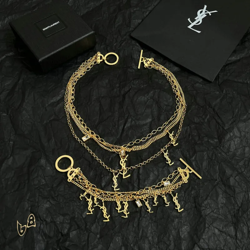 Saint Laurent Cassandre Multi Layer Logo Charm Gold Choker Necklace for Women #A65948 Saint Laurent Cassandre Multi Layer Logo Charm Gold Choker Necklace for Women #A65948