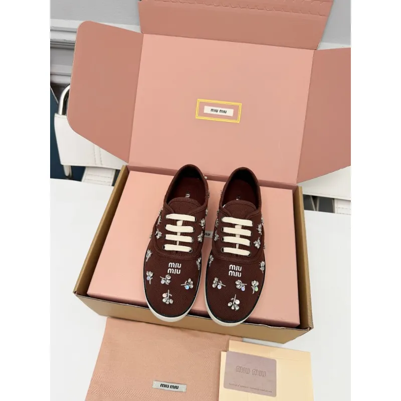 Miu Miu Womens Rhinestone Embroidered Canvas Sneakers #A66081