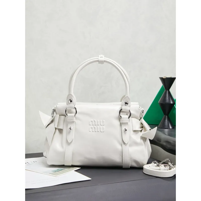 Miu Miu 5BA327 Glazed Leather Vintage Satchel Bag Removable Strap Top Handle Handbag #A65966 Miu Miu 5BA327 Glazed Leather Vintage Satchel Bag Removable Strap Top Handle Handbag #A65966