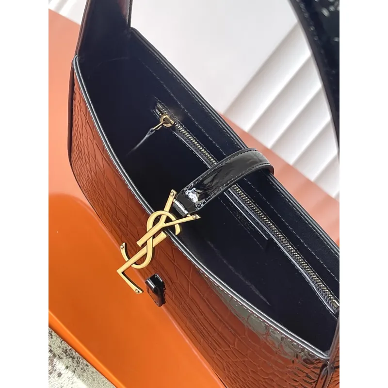YSL Cléo 5 à 7 Glossy Croc Embossed Leather Underarm Bag Gold Logo Handbag #A65969