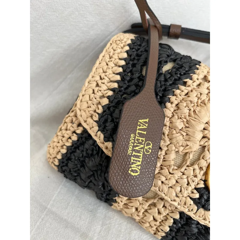 valentino 22116 Garavani Devain Black Beige Striped Raffia Shoulder Crossbody Handbag #A65998 valentino 22116 Garavani Devain Black Beige Striped Raffia Shoulder Crossbody Handbag #A65998