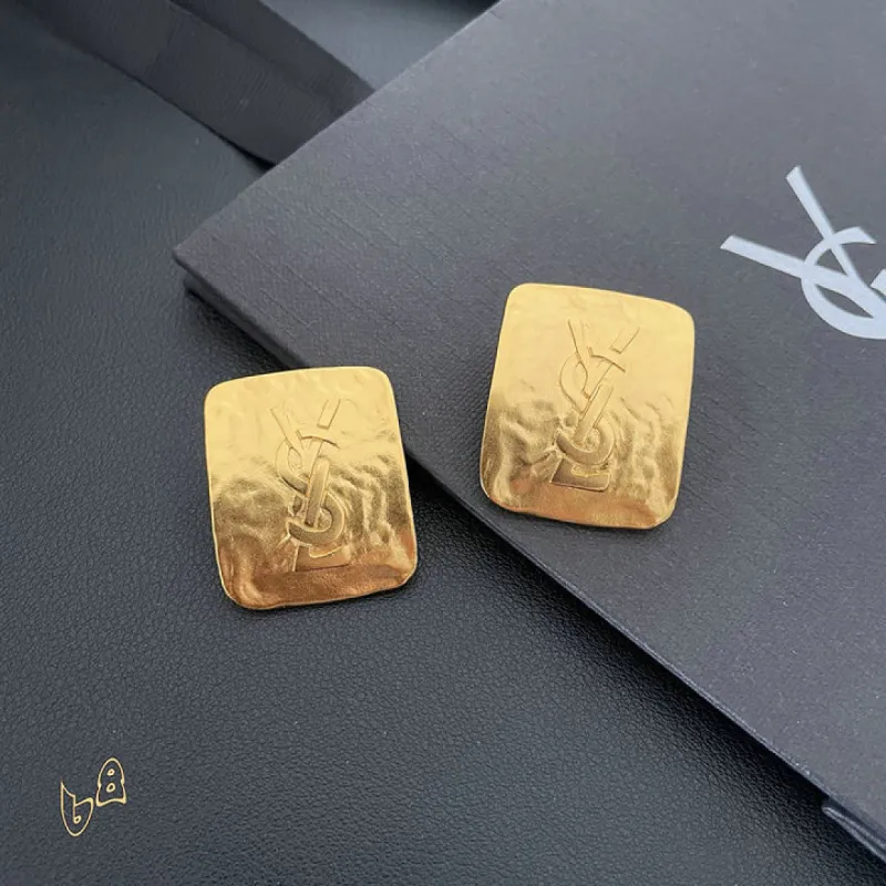 Saint Laurent Matte Gold Square Cassandre Logo Stud Earrings Designer Women Jewelry #A65953