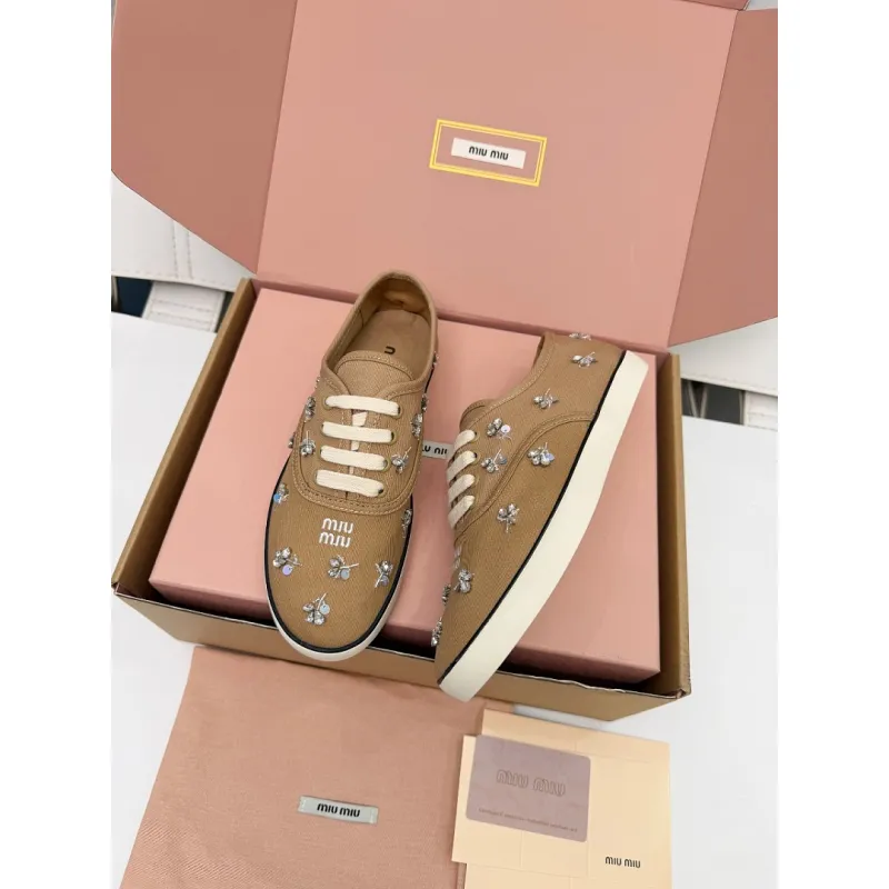 Miu Miu Womens Rhinestone Embroidered Canvas Sneakers #A66082