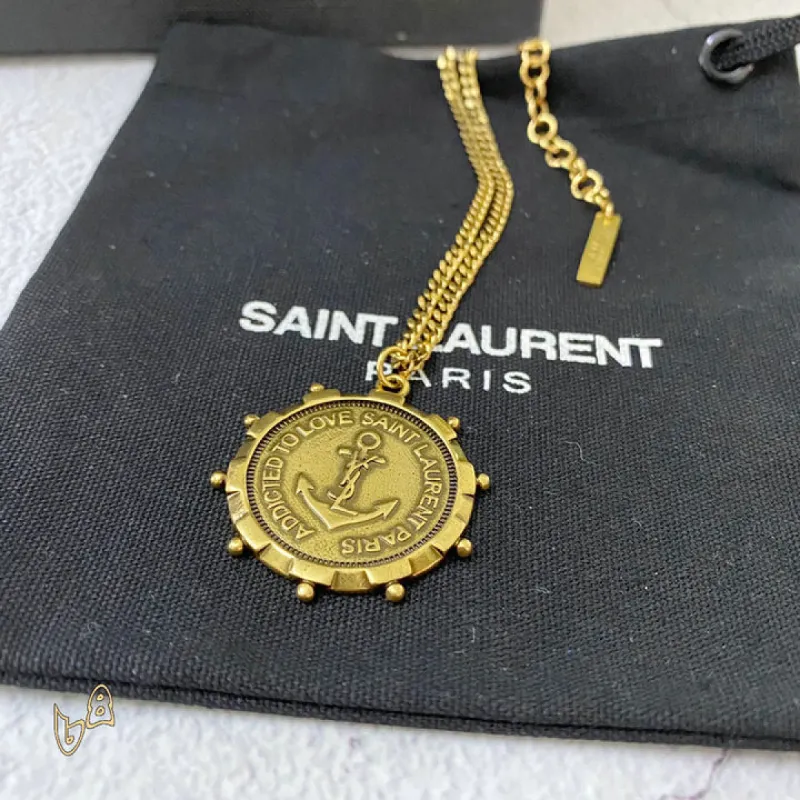 Saint Laurent Vintage Coin Pendant Necklace Anchor & Portrait Medallion Gold Silver Designer Jewelry #A65950 Saint Laurent Vintage Coin Pendant Necklace Anchor & Portrait Medallion Gold Silver Designer Jewelry #A65950
