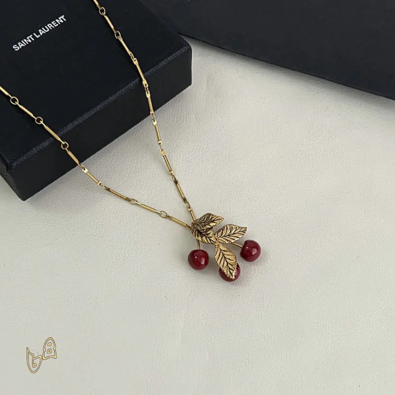 Saint Laurent Gold Cherry Pendant Necklace Designer Leaf Charm Women Jewelry #A65949 Saint Laurent Gold Cherry Pendant Necklace Designer Leaf Charm Women Jewelry #A65949