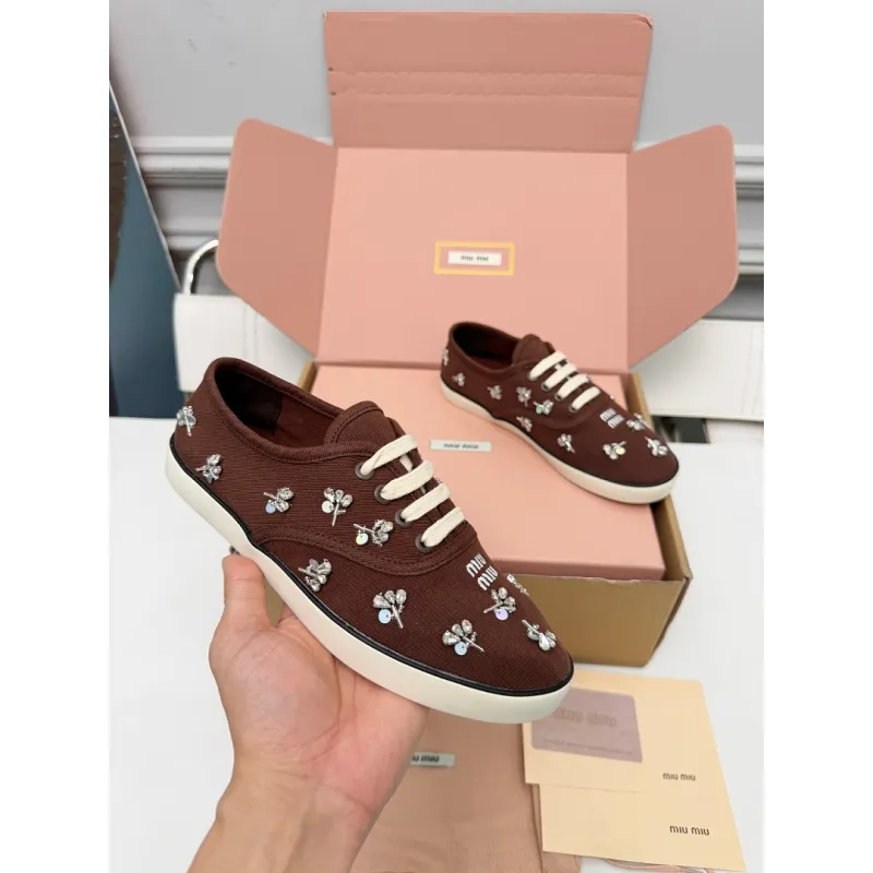 Miu Miu Womens Rhinestone Embroidered Canvas Sneakers #A66081