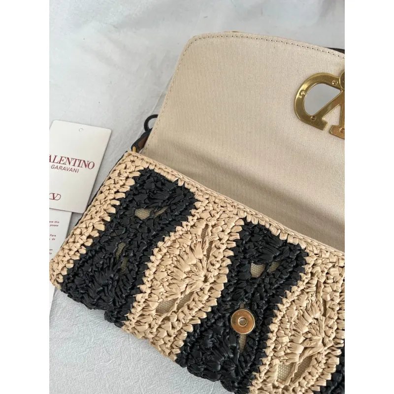 valentino 22116 Garavani Devain Black Beige Striped Raffia Shoulder Crossbody Handbag #A65998 valentino 22116 Garavani Devain Black Beige Striped Raffia Shoulder Crossbody Handbag #A65998