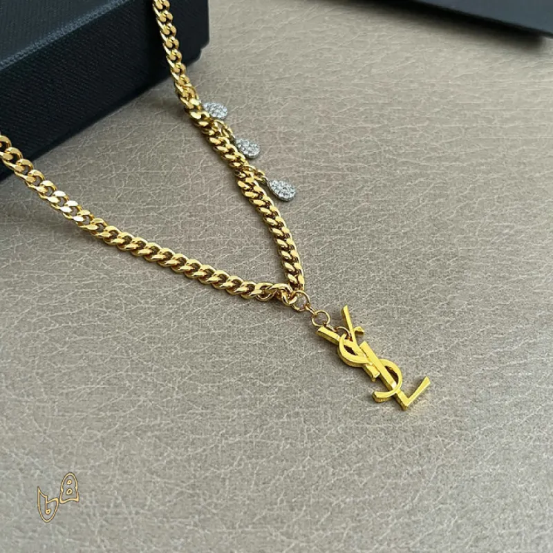 Saint Laurent Cassandre Logo Double Layer Pendant Necklace Gold Silver Designer Women Jewelry #A65951