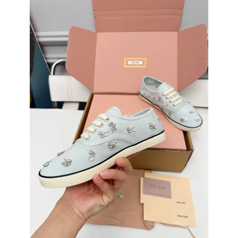 Miu Miu Womens Rhinestone Embroidered Canvas Sneakers #A66083 Miu Miu Womens Rhinestone Embroidered Canvas Sneakers #A66083