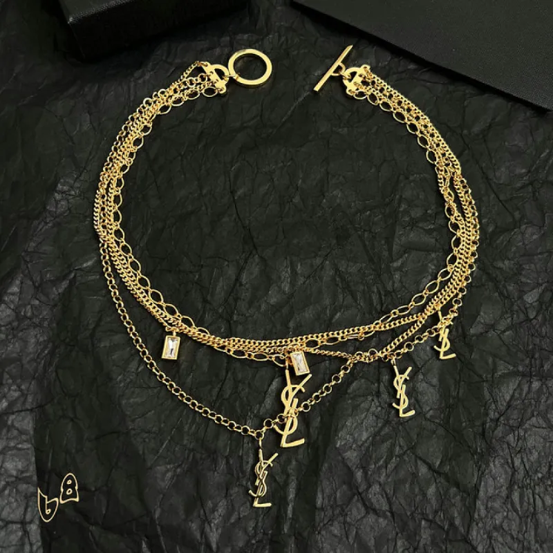 Saint Laurent Cassandre Multi Layer Logo Charm Gold Choker Necklace for Women #A65948