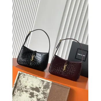 YSL Cléo 5 à 7 Glossy Croc Embossed Leather Underarm Bag Gold Logo Handbag #A65969