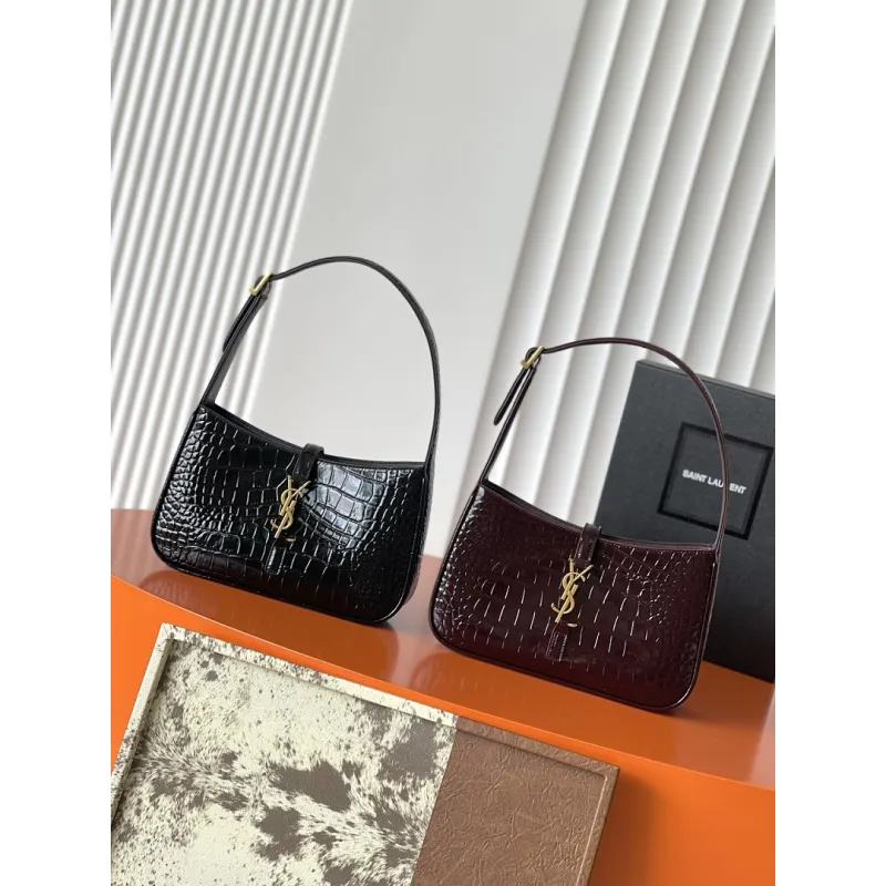 YSL Cléo 5 à 7 Glossy Croc Embossed Leather Underarm Bag Gold Logo Handbag #A65969