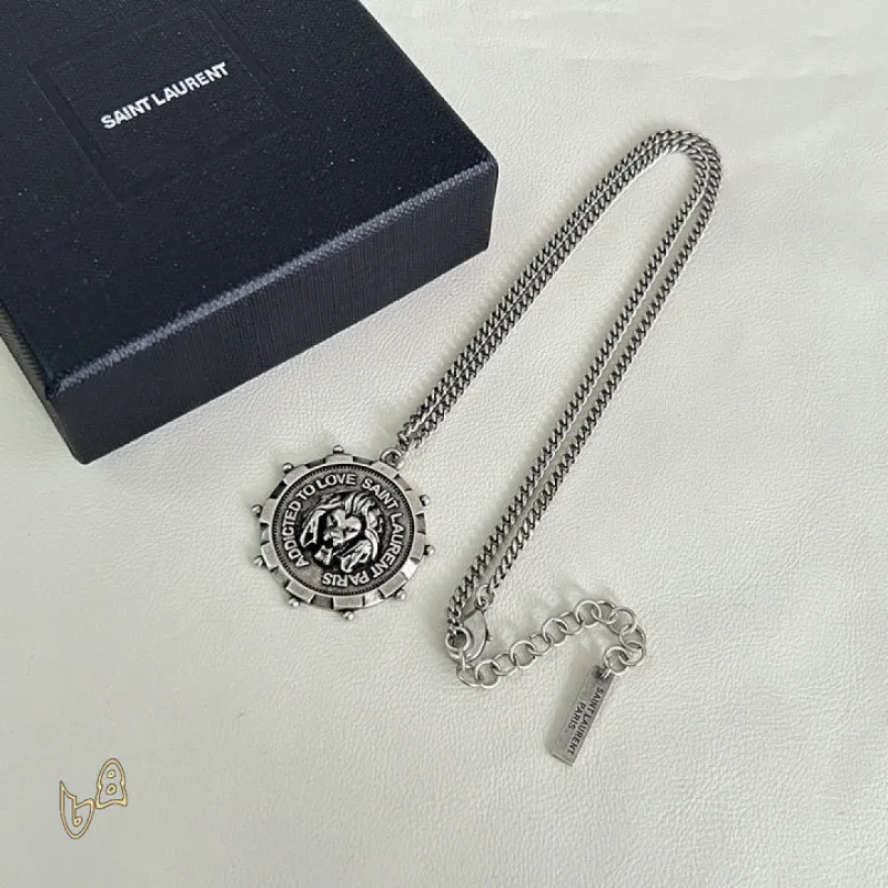 Saint Laurent Vintage Coin Pendant Necklace Anchor & Portrait Medallion Gold Silver Designer Jewelry #A65950 Saint Laurent Vintage Coin Pendant Necklace Anchor & Portrait Medallion Gold Silver Designer Jewelry #A65950