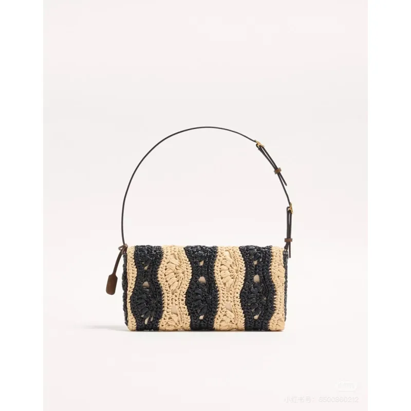 valentino 22116 Garavani Devain Black Beige Striped Raffia Shoulder Crossbody Handbag #A65998 valentino 22116 Garavani Devain Black Beige Striped Raffia Shoulder Crossbody Handbag #A65998
