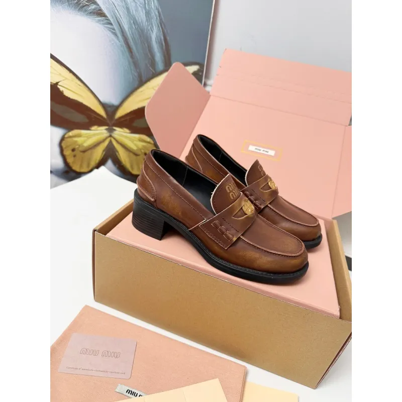 Miu Miu Womens Glossy Leather Chunky Heel Loafers #A66084