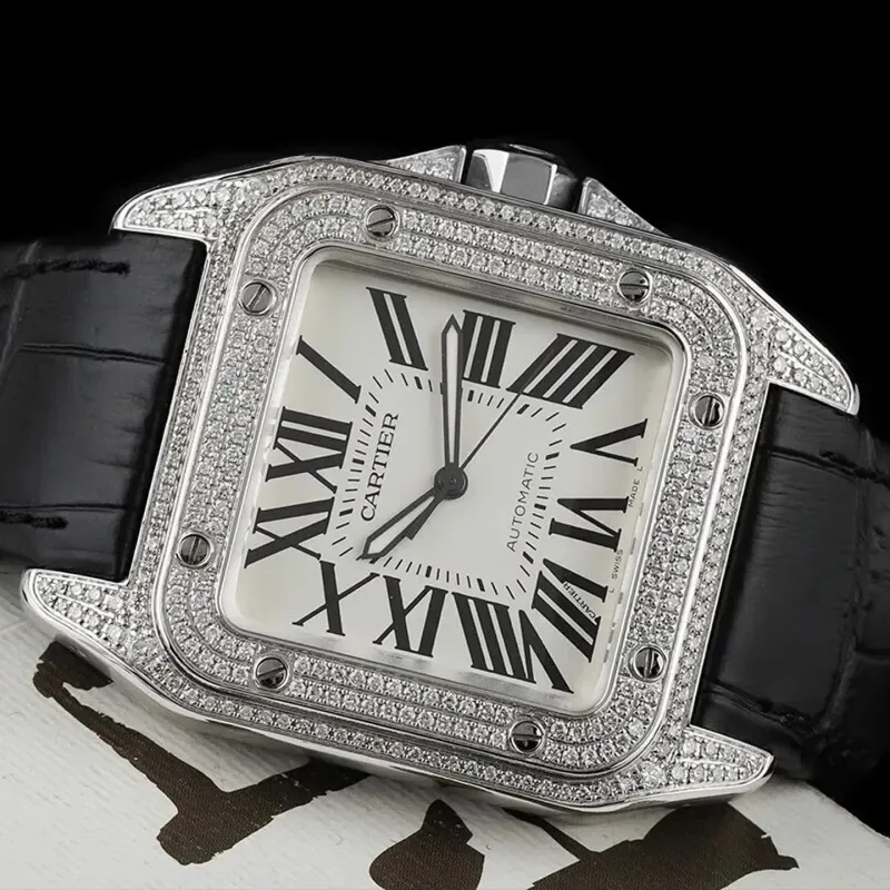 Cartier Santos Diamond Automatic Black Leather Watch 41mm #A65833