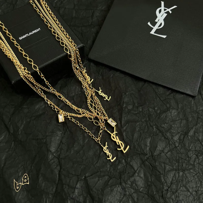 Saint Laurent Cassandre Multi Layer Logo Charm Gold Choker Necklace for Women #A65948 Saint Laurent Cassandre Multi Layer Logo Charm Gold Choker Necklace for Women #A65948