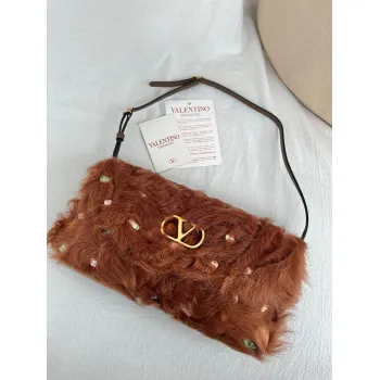 valentino 22117 26SS Faux Fur Crystal Embellished V Logo Underarm Shoulder Handbag #A65997
