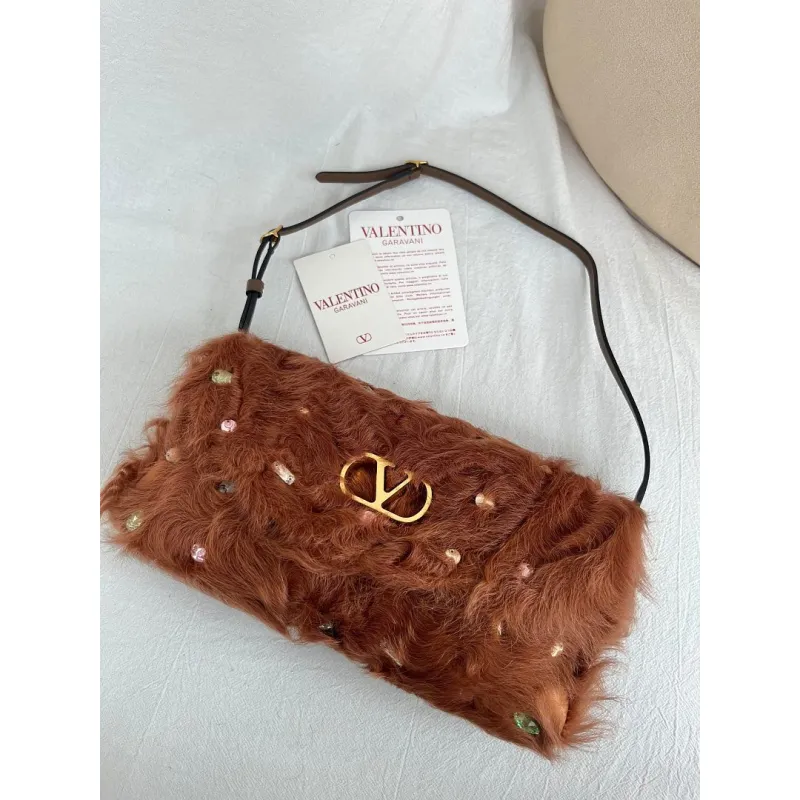 valentino 22117 26SS Faux Fur Crystal Embellished V Logo Underarm Shoulder Handbag #A65997
