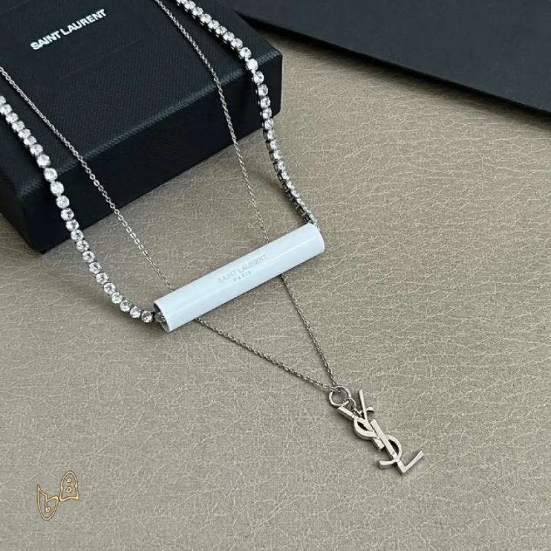 Saint Laurent Cassandre Logo Double Layer Pendant Necklace Gold Silver Designer Women Jewelry #A65951