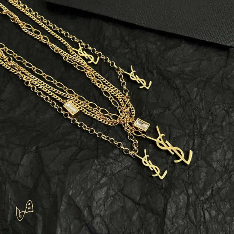 Saint Laurent Cassandre Multi Layer Logo Charm Gold Choker Necklace for Women #A65948
