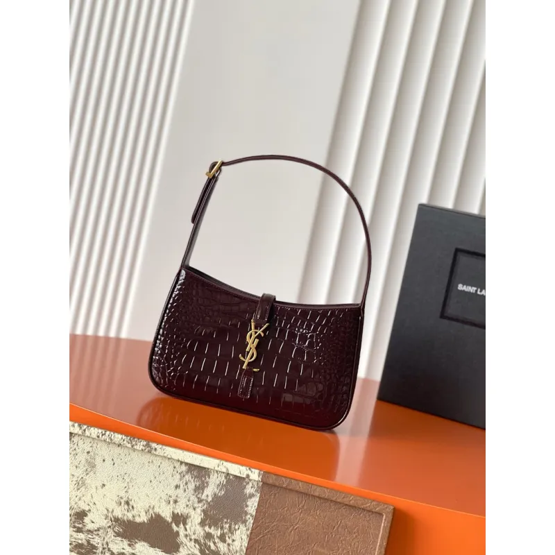YSL Cléo 5 à 7 Glossy Croc Embossed Leather Underarm Bag Gold Logo Handbag #A65969