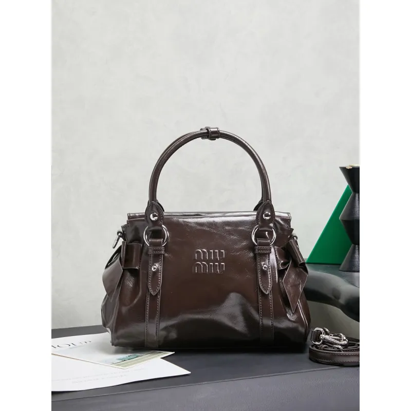 Miu Miu 5BA327 Glazed Leather Vintage Satchel Bag Removable Strap Top Handle Handbag #A65966 Miu Miu 5BA327 Glazed Leather Vintage Satchel Bag Removable Strap Top Handle Handbag #A65966