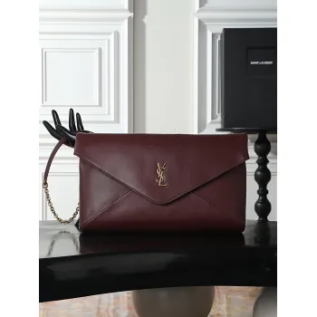 YSL 841702 LE Envelope Burgundy Lambskin Chain Shoulder Crossbody Evening Clutch Handbag #A65994
