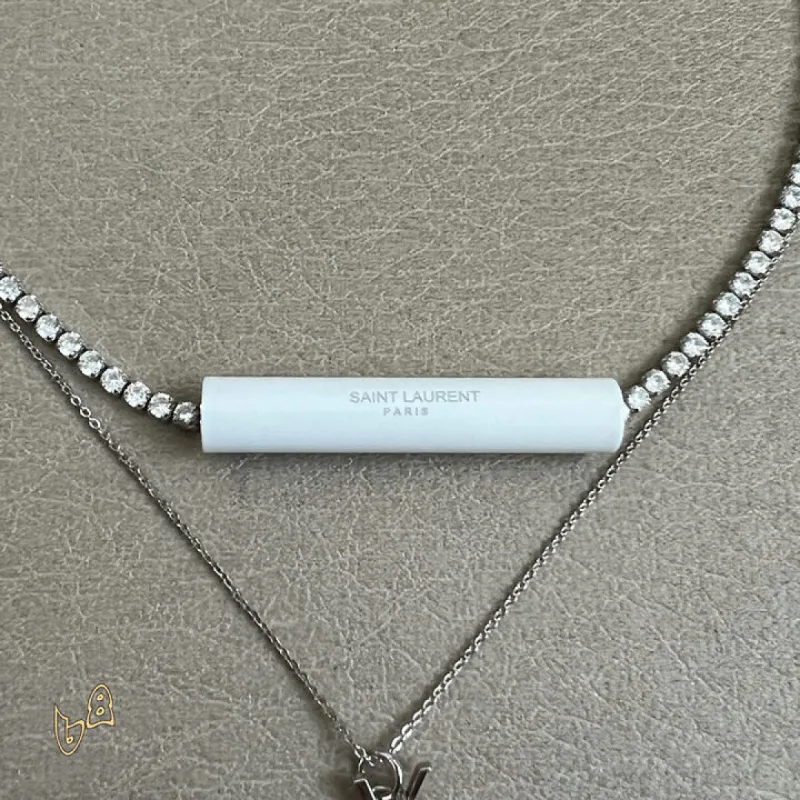Saint Laurent Cassandre Logo Double Layer Pendant Necklace Gold Silver Designer Women Jewelry #A65951
