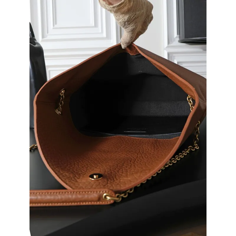YSL 841702 LE Envelope Brown Lambskin Chain Shoulder Crossbody Clutch Handbag #A65993
