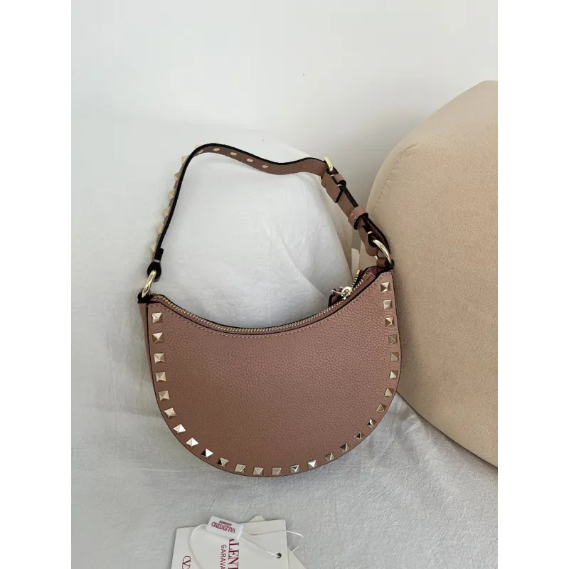 valentino Rockstud Grainy Leather Mini Hobo Shoulder Bag 20×12×4cm #A65018