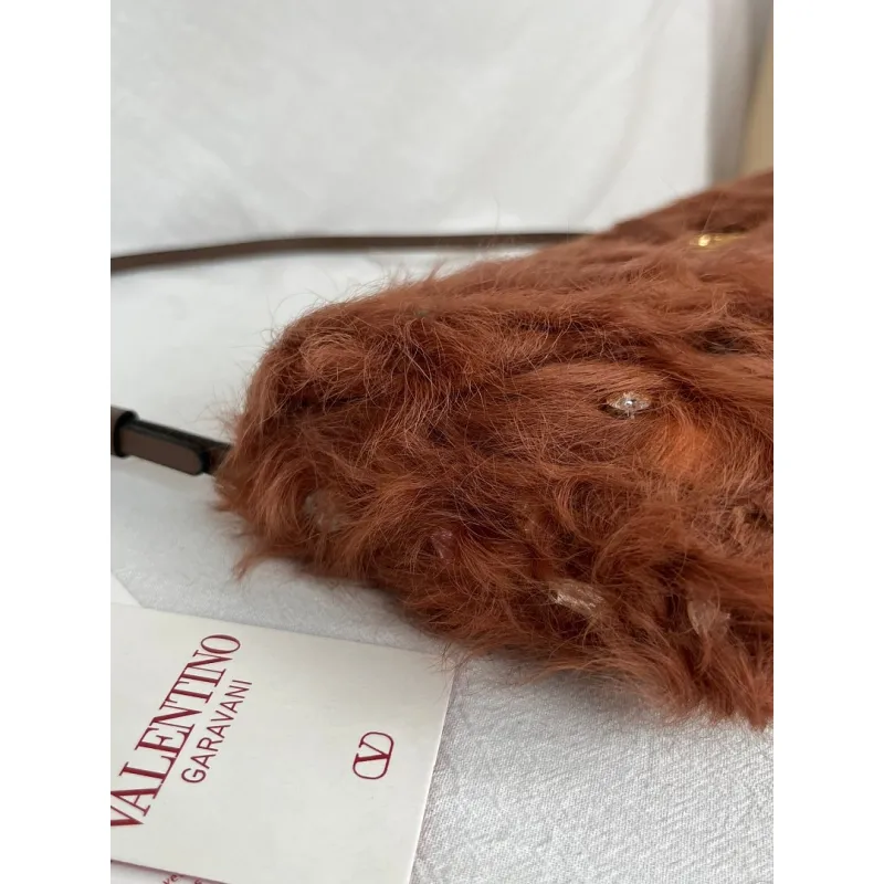 valentino 22117 26SS Faux Fur Crystal Embellished V Logo Underarm Shoulder Handbag #A65997