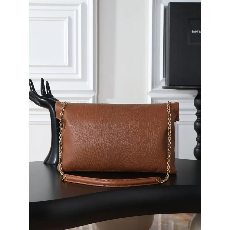 YSL 841702 LE Envelope Brown Lambskin Chain Shoulder Crossbody Clutch Handbag #A65993
