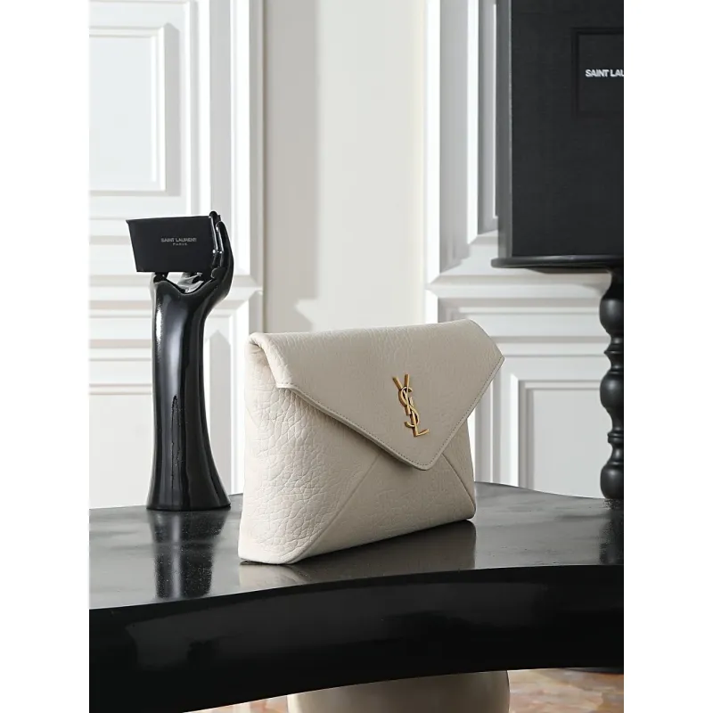 YSL 769307 LE Envelope Off-White Lambskin Fold Clutch Evening Handbag #A65995