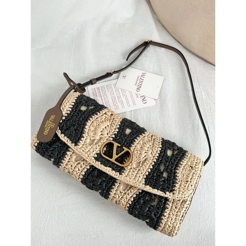 valentino 22116 Garavani Devain Black Beige Striped Raffia Shoulder Crossbody Handbag #A65998 valentino 22116 Garavani Devain Black Beige Striped Raffia Shoulder Crossbody Handbag #A65998