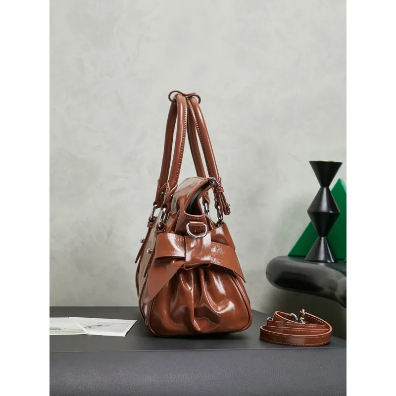 Miu Miu 5BA327 Glazed Leather Vintage Satchel Bag Removable Strap Top Handle Handbag #A65966 Miu Miu 5BA327 Glazed Leather Vintage Satchel Bag Removable Strap Top Handle Handbag #A65966