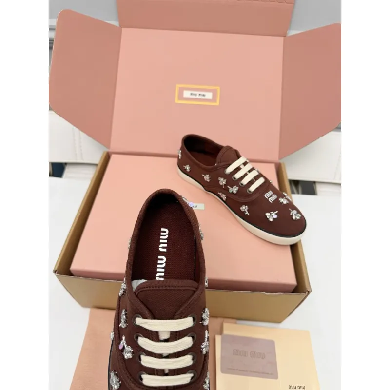 Miu Miu Womens Rhinestone Embroidered Canvas Sneakers #A66081