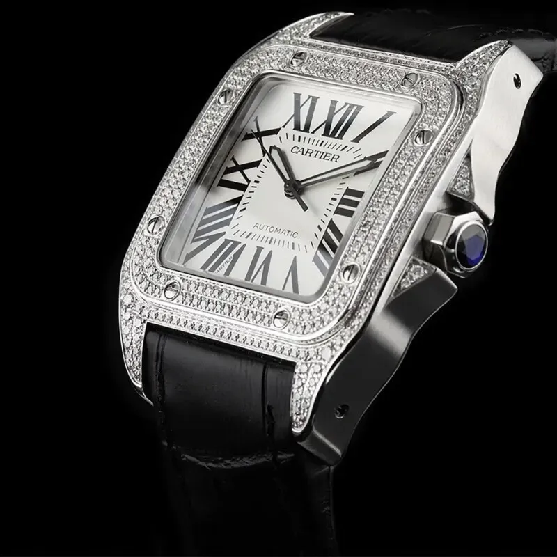 Cartier Santos Diamond Automatic Black Leather Watch 41mm #A65833