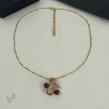 Saint Laurent Gold Cherry Pendant Necklace Designer Leaf Charm Women Jewelry #A65949