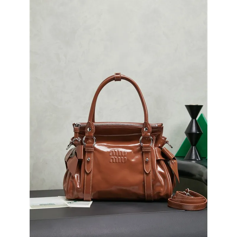 Miu Miu 5BA327 Glazed Leather Vintage Satchel Bag Removable Strap Top Handle Handbag #A65966 Miu Miu 5BA327 Glazed Leather Vintage Satchel Bag Removable Strap Top Handle Handbag #A65966