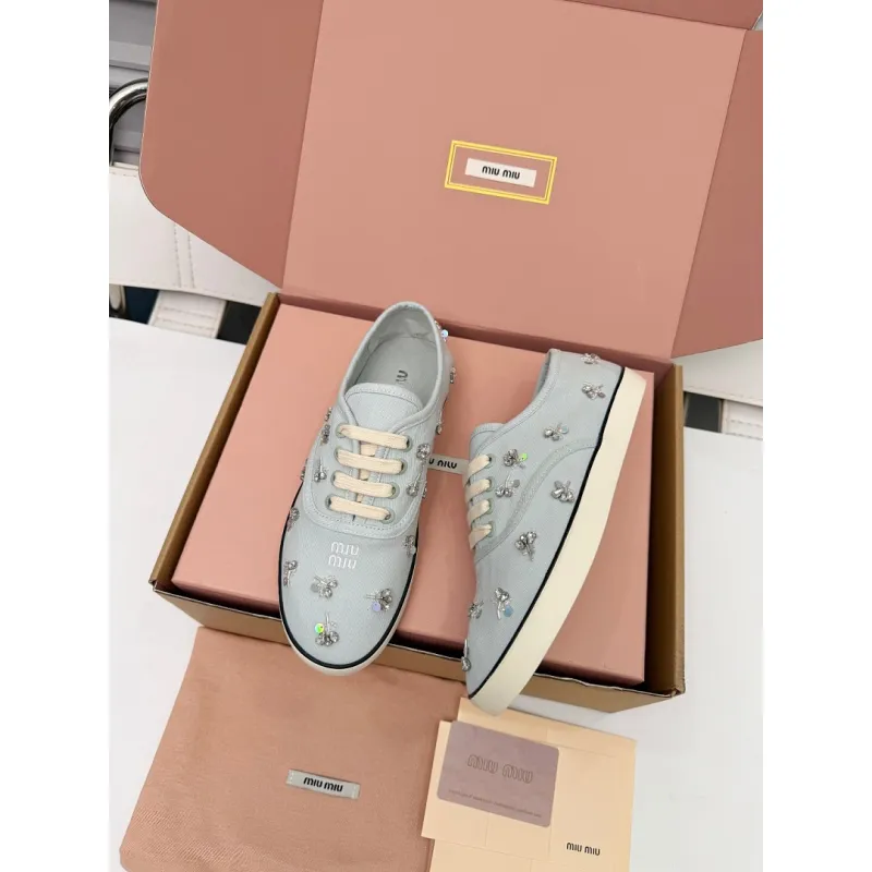 Miu Miu Womens Rhinestone Embroidered Canvas Sneakers #A66083 Miu Miu Womens Rhinestone Embroidered Canvas Sneakers #A66083