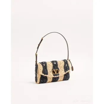 valentino 22116 Garavani Devain Black Beige Striped Raffia Shoulder Crossbody Handbag #A65998
