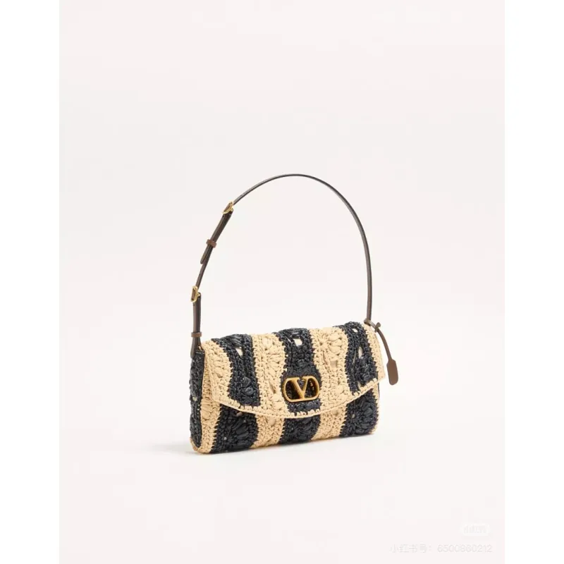 valentino 22116 Garavani Devain Black Beige Striped Raffia Shoulder Crossbody Handbag #A65998 valentino 22116 Garavani Devain Black Beige Striped Raffia Shoulder Crossbody Handbag #A65998
