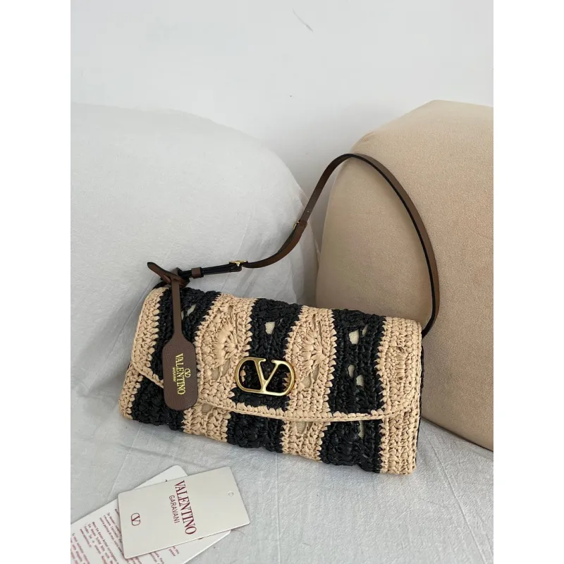 valentino 22116 Garavani Devain Black Beige Striped Raffia Shoulder Crossbody Handbag #A65998 valentino 22116 Garavani Devain Black Beige Striped Raffia Shoulder Crossbody Handbag #A65998