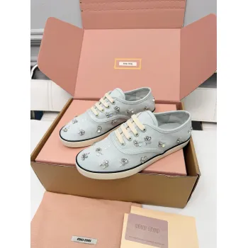 Miu Miu Womens Rhinestone Embroidered Canvas Sneakers #A66083