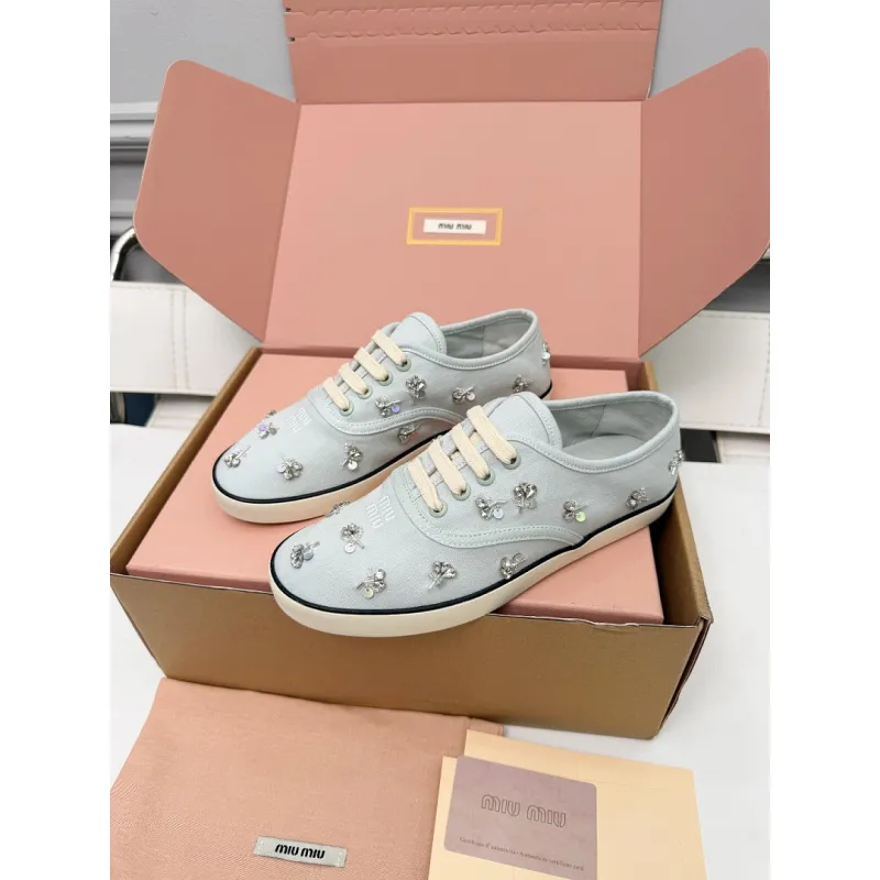 Miu Miu Womens Rhinestone Embroidered Canvas Sneakers #A66083 Miu Miu Womens Rhinestone Embroidered Canvas Sneakers #A66083